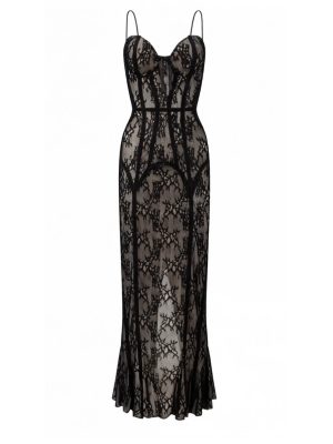 Black Lace Long Slip Dress with Boning