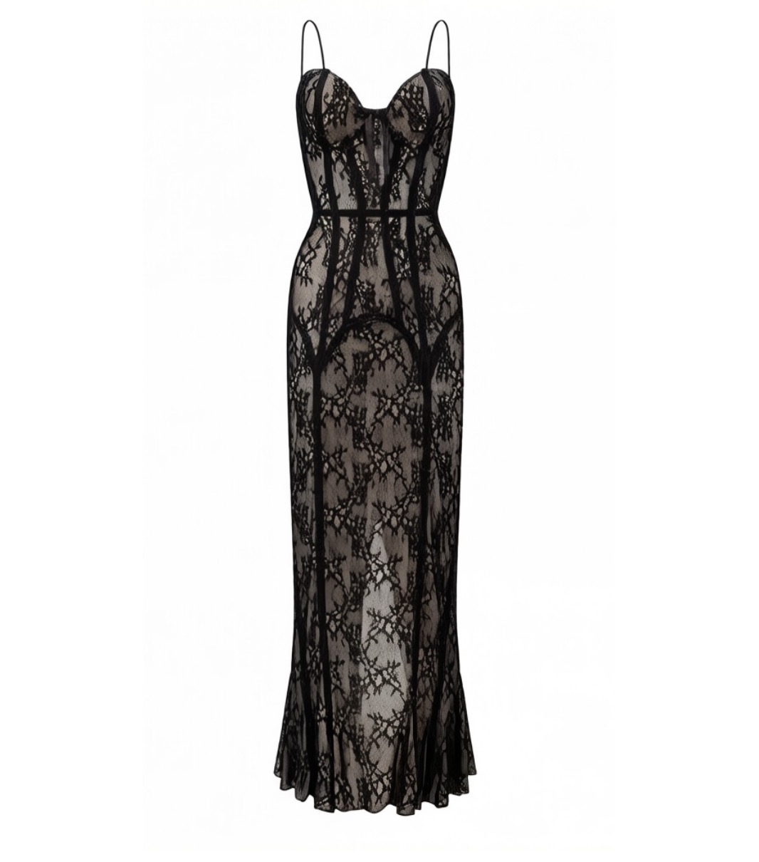 Black Lace Long Slip Dress with Boning