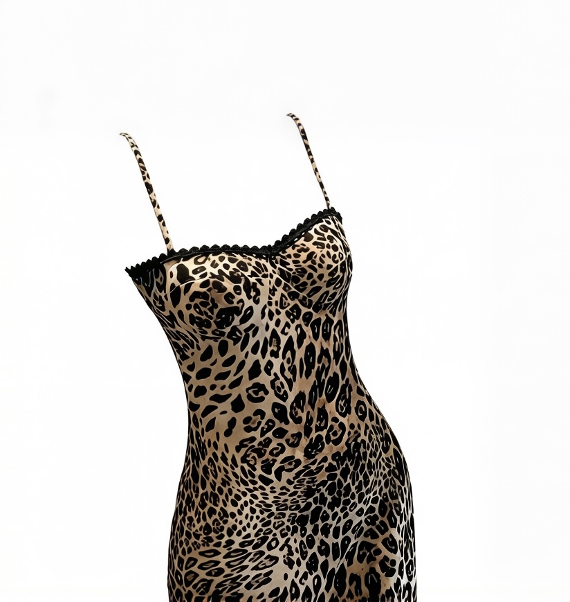 Diagonal Cut Lace Color Block Leopard Print Long Slip Dress - Image 2