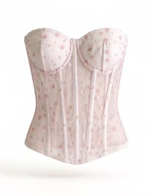 Pink Polka Dot Sheer Mesh Bandeau Corset with Boning