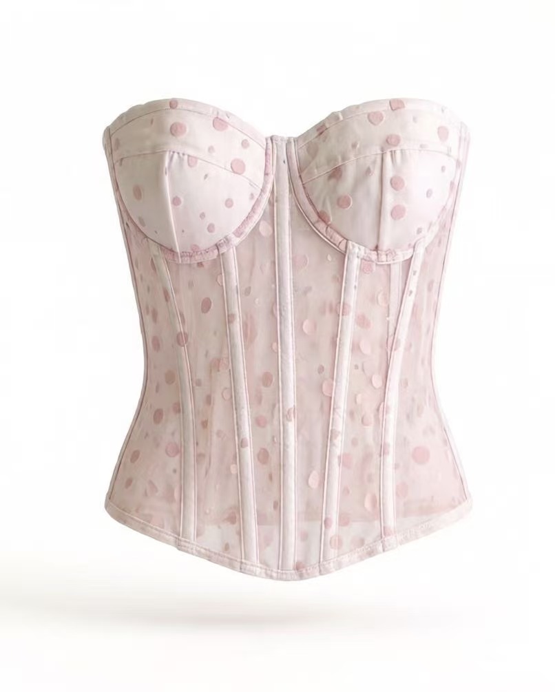 Pink Polka Dot Sheer Mesh Bandeau Corset with Boning