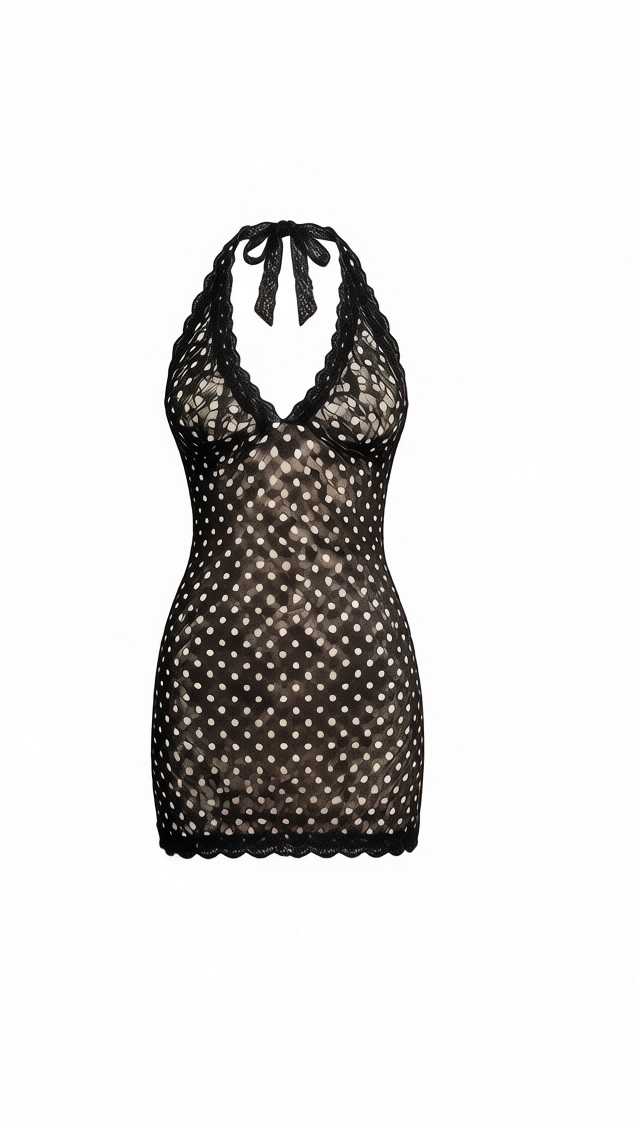 Polka Dot Lace Deep V Halter Backless Dress
