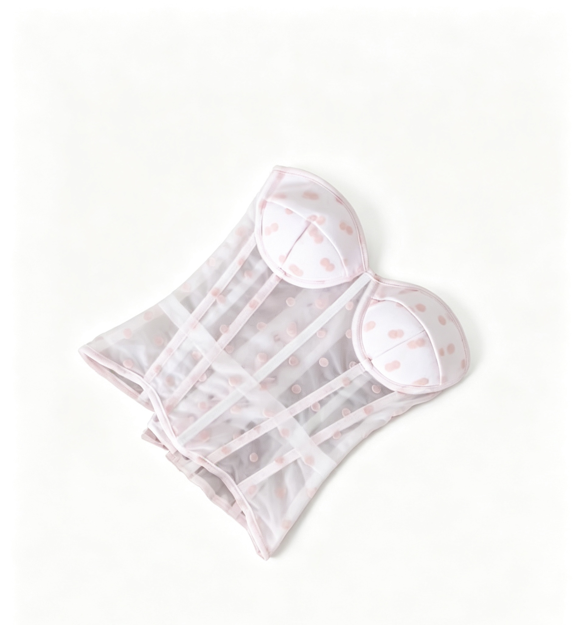 Pink Polka Dot Sheer Mesh Bandeau Corset with Boning - Image 2