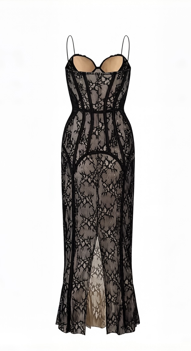 Black Lace Long Slip Dress with Boning - Image 6