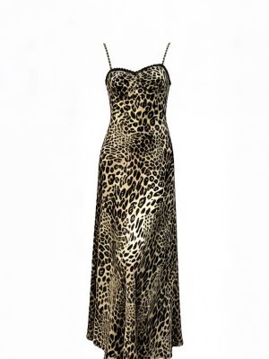 Diagonal Cut Lace Color Block Leopard Print Long Slip Dress