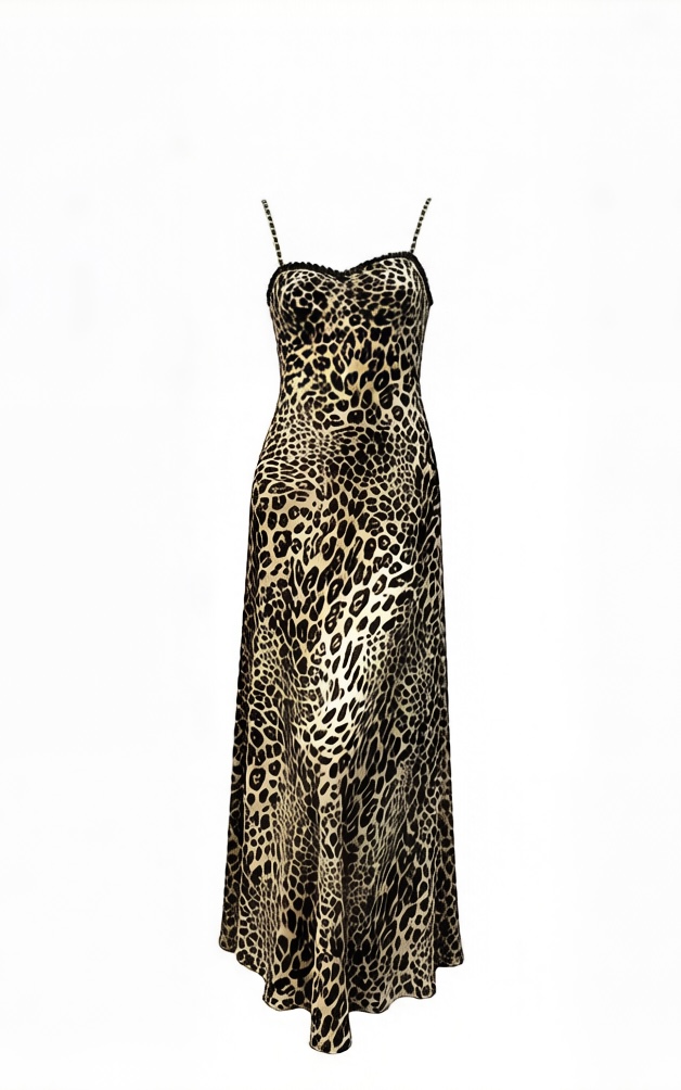 Diagonal Cut Lace Color Block Leopard Print Long Slip Dress