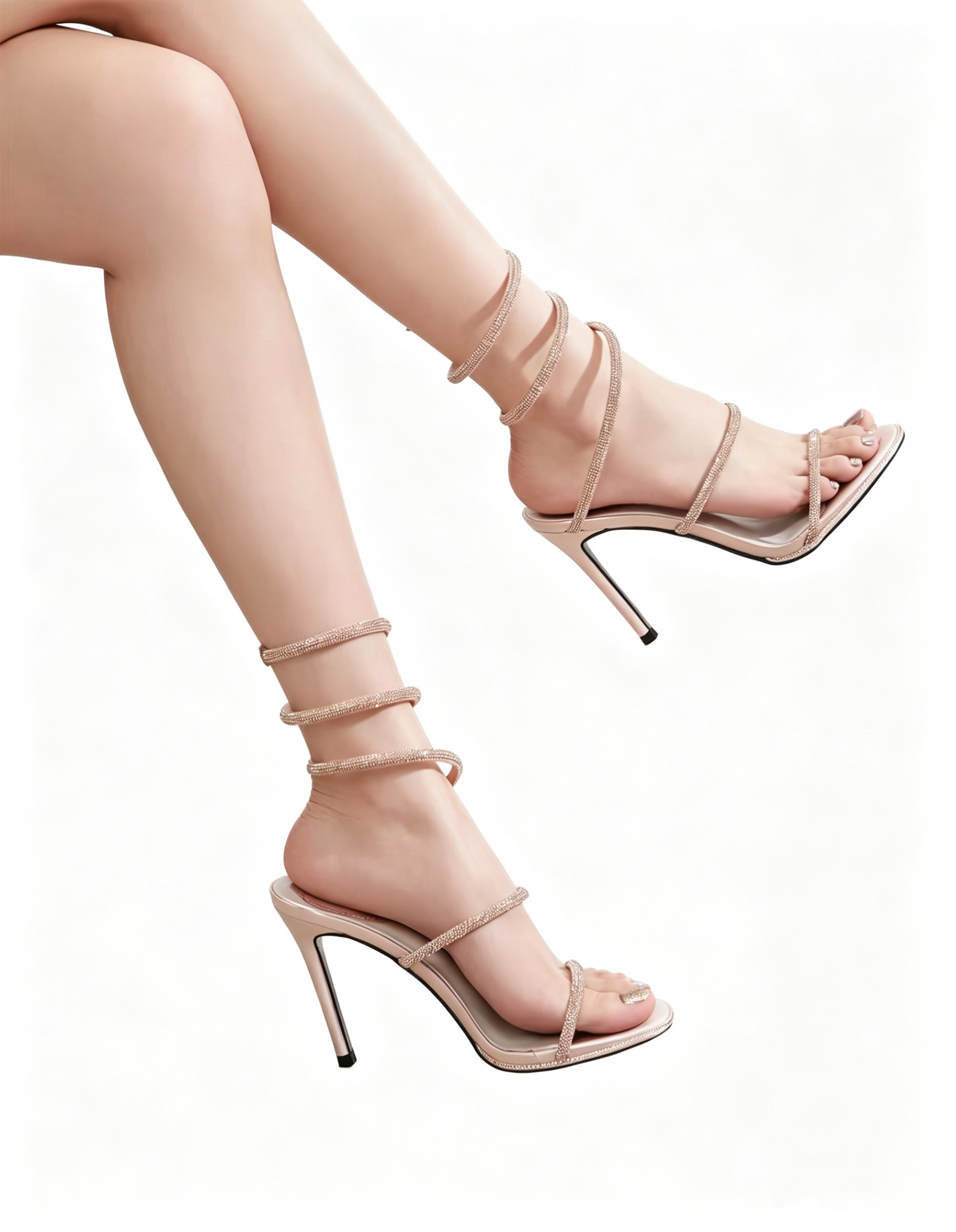 Snake-shaped Wrapped High Heel Sandals with Rhinestones - Image 11