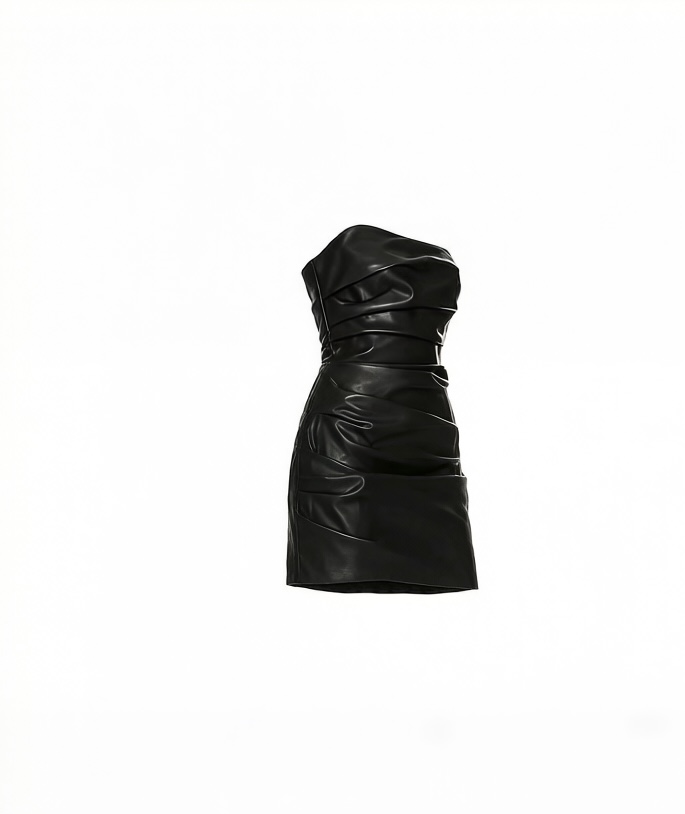Black Slim-Fit PU Leather Bandeau Banquet Dress - Image 3