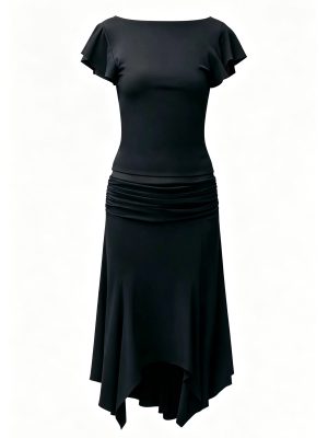 Off-shoulder Ruffled Short Sleeve Top + Low Waist Pleated Midi Skirt