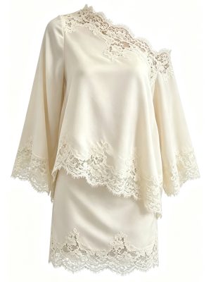 Lace One-shoulder Long Sleeve Loose Top + Bodycon Skirt