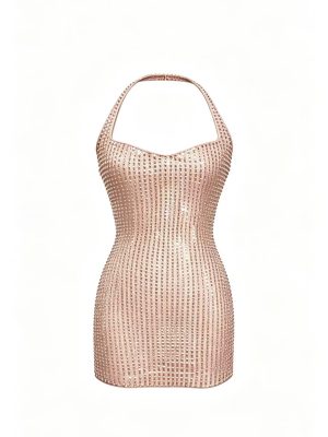 Hot Fix Rhinestone Halter Backless Dress